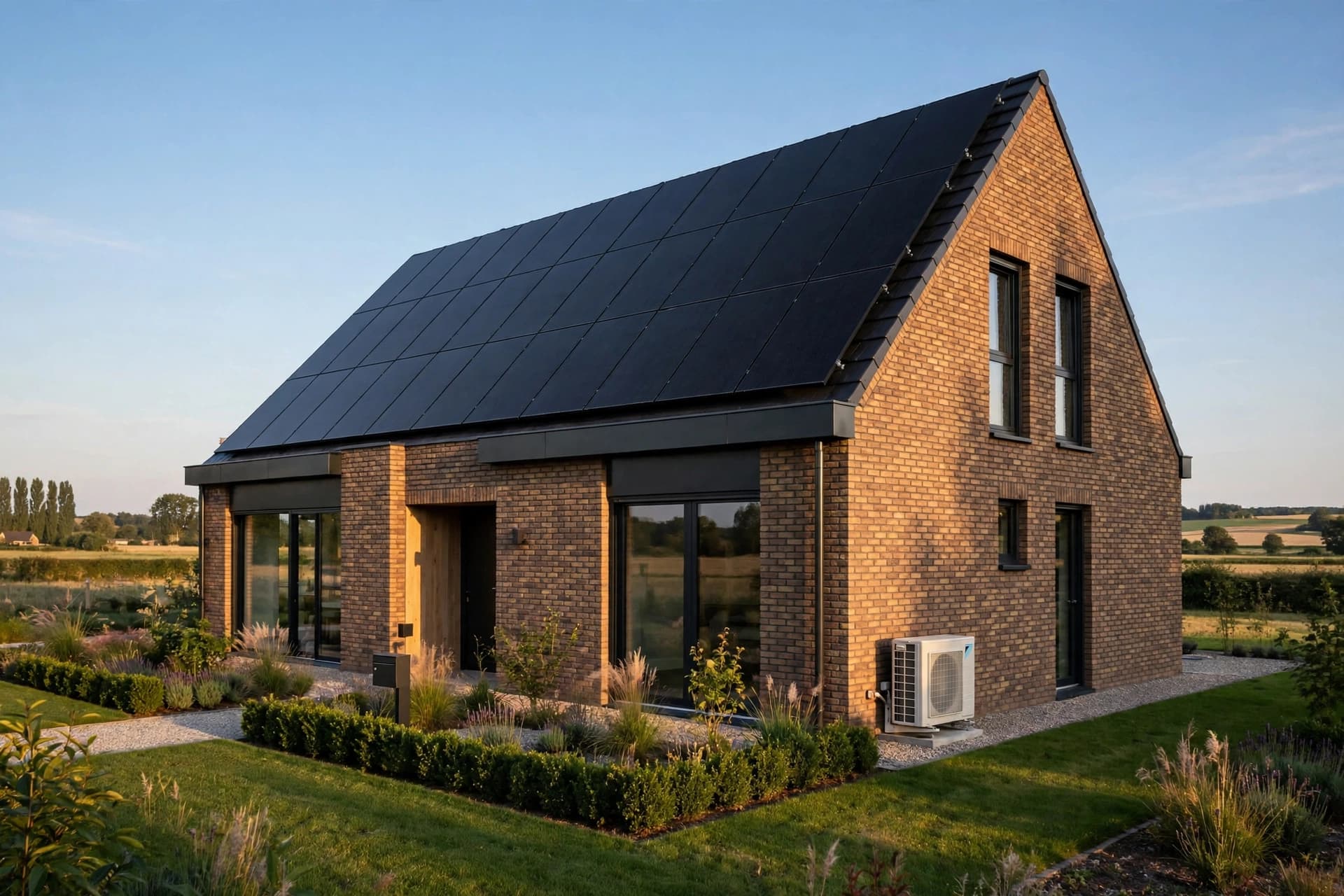 Moderne Vlaamse woning met zonnepanelen en warmtepomp