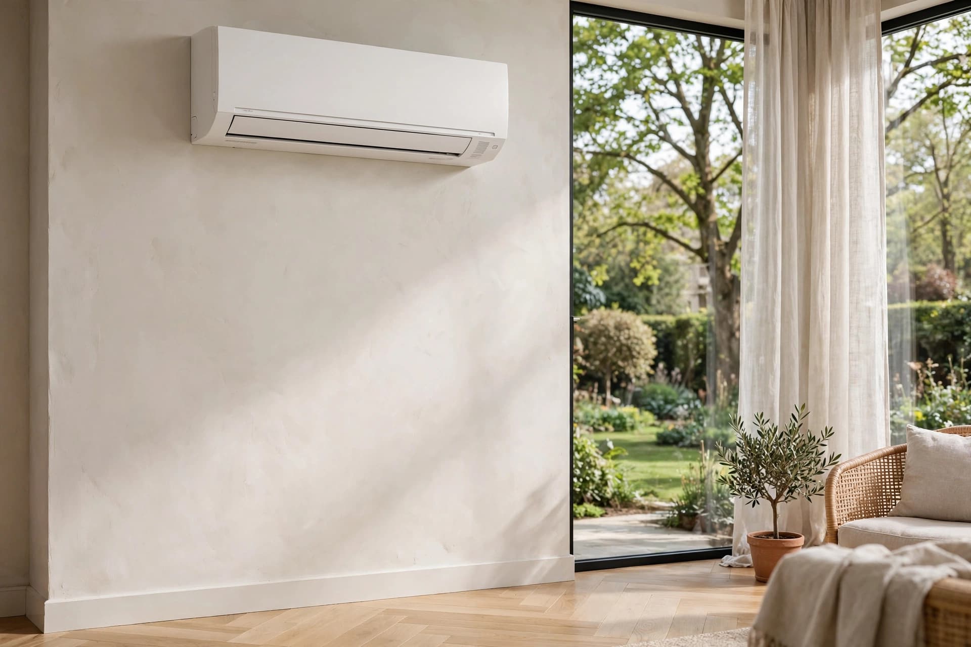 Strakke airco binnenunit in een lichte woonkamer