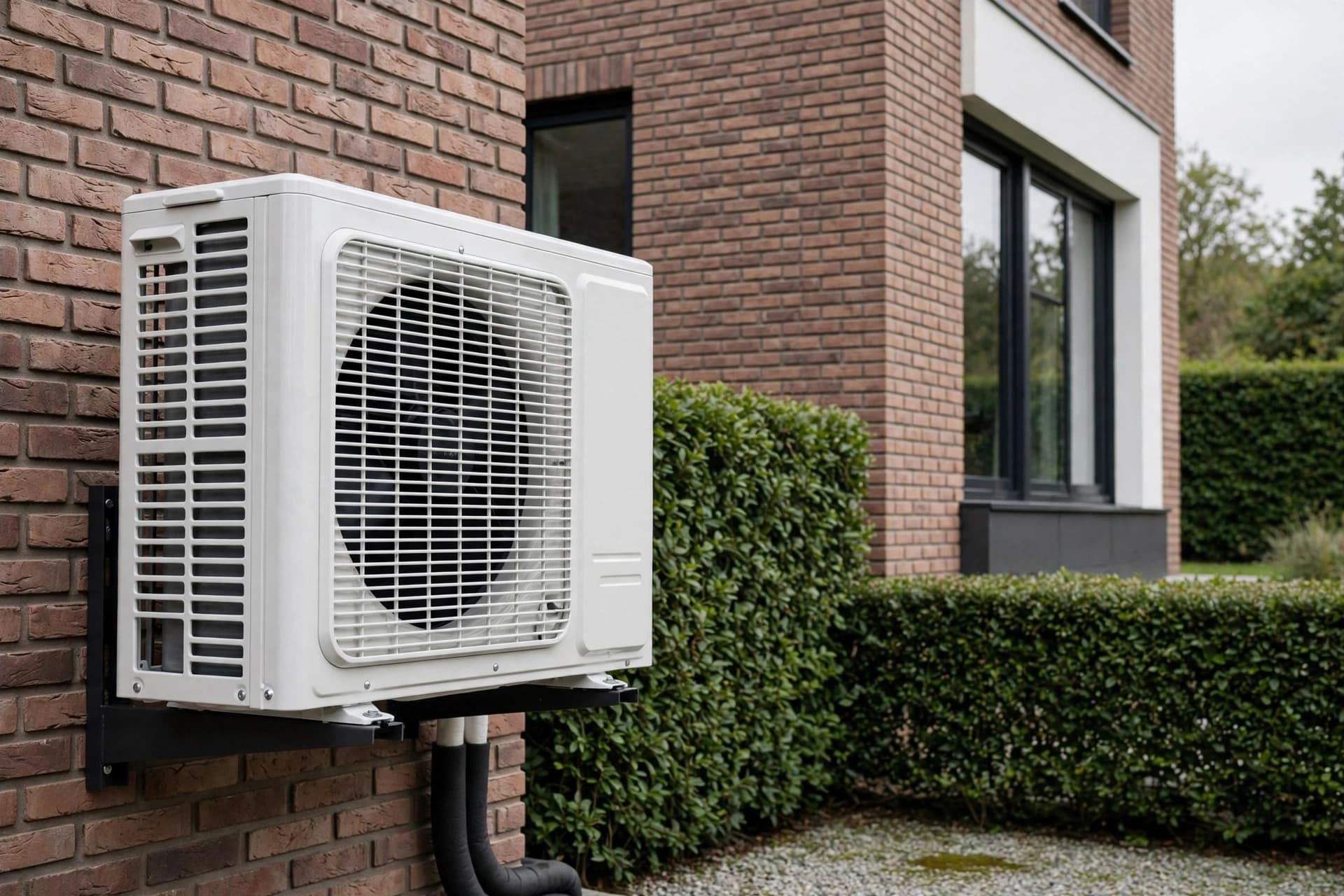 Warmtepomp buitenunit naast een Belgische woning