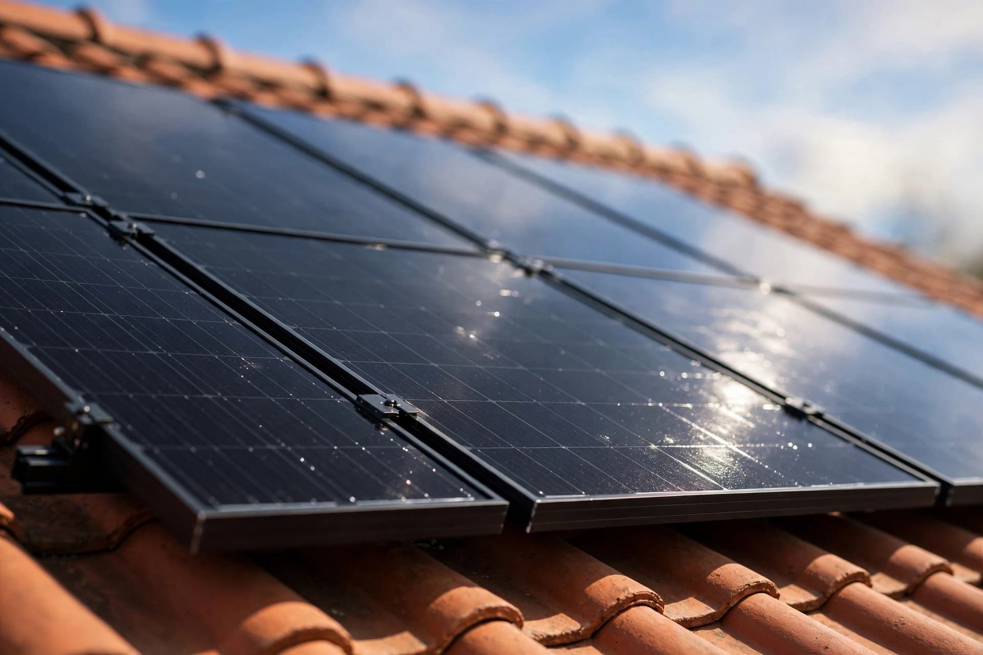 Zwarte zonnepanelen op een dakpannendak